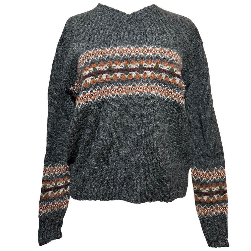Vintage Womens Wool Fair Isle Nordic Sweater Gray Geometric Knit Pullover Size M